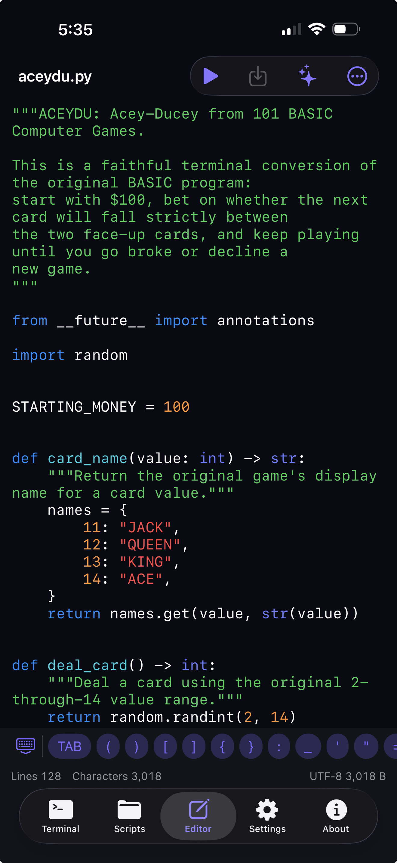 Vesper Python Editor running a Python script in dark mode